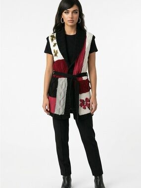 NWT Vertigo Large Black Crimson Chunky Knit Colorblock Duster Cardigan Sweater